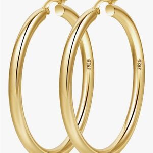 18K Gold Plated Hoop Earrings 60mm Thick .925 Sterling Silver Stamped NWT Luxury